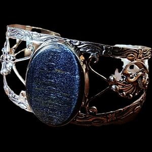 Elegant Silver Cuff Bracelet with A Stunning, Colossal Black Tiger Eye Cabochon.